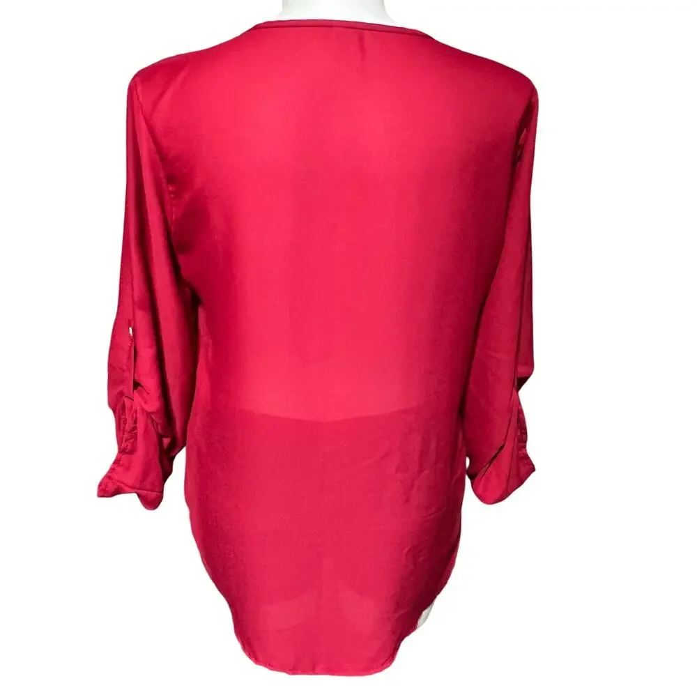 Womens Boutique Blouse Top Zipper Accent V Neck Sheer Roll Tab Sleeves Red